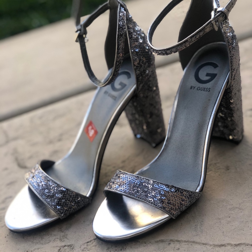 Guess Silver sequins sandals heels 8.5